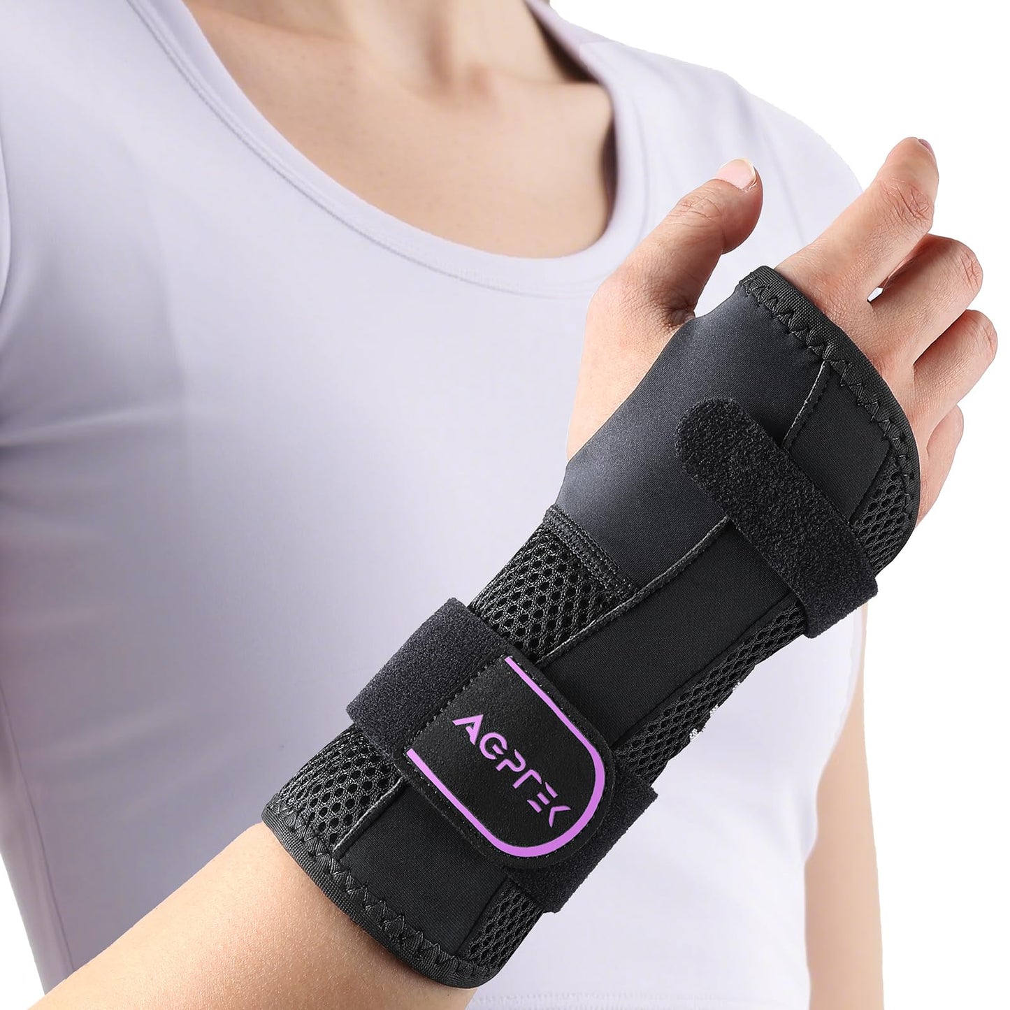 AGPTEK Carpal Tunnel Wrist Brace for Men Women, Night Sleeping Wrist Support with 2 Splints, Pain Relief Hand Brace for Arthritis Sprains Tendonitis, Adjustable Wrist Splint for Right Hand (S/M, Black & Purple)