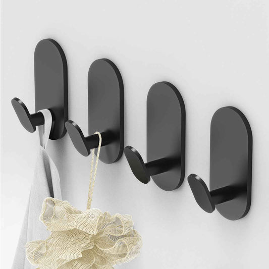WZRUA Adhesive Towel Hooks for Bathrooms 4 Pack Matte Black Stainless Steel and Zinc Alloy Sticky Wall Hooks for Hanging Heavy Duty Self Adhesive Robe Shower Hanger for Kitchen, Closet, Cabinet, Door