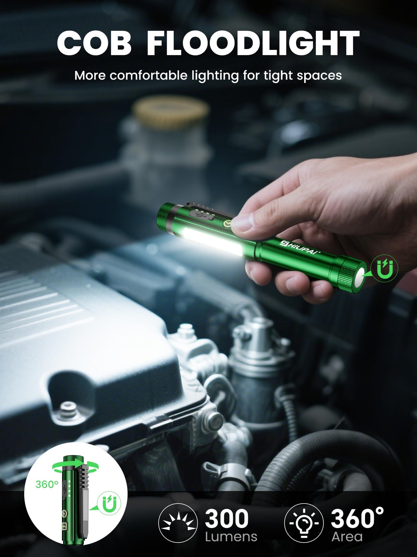 SHiLiPAi Penlight Flashlight, Rechargeable Work Light 600 Lumens COB LED Pen Light with Magnetic Clip, 8 Modes Pocket Flashlight for Nurse, Emergency, EDC (Green)
