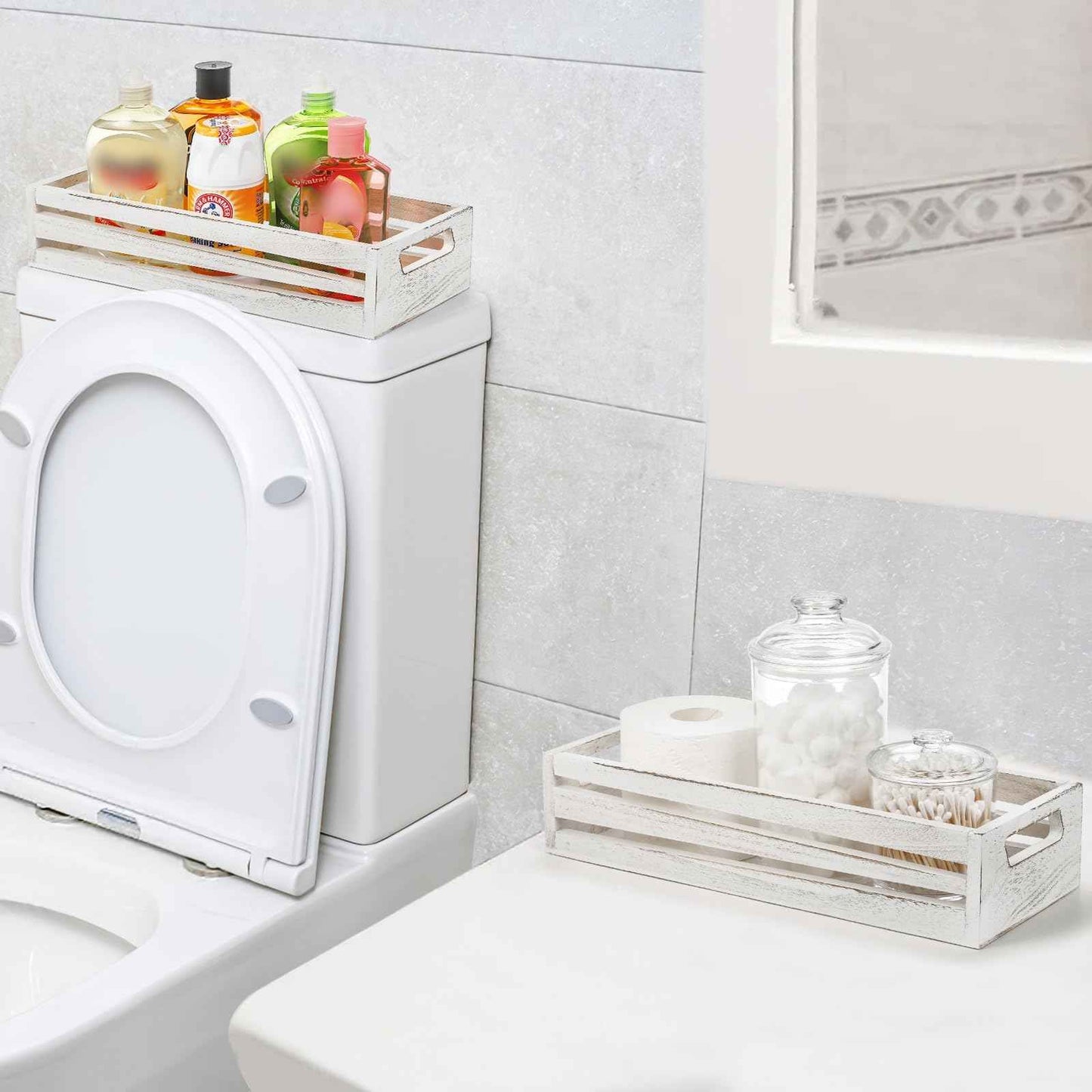 Noamus 2 Pack Bathroom Decor Box, 16" 15" Wooden Toilet Paper Holder, White Toilet Storage Basket, Toilet Tissue Tray with Handles for Home Decor, Tank Topper, Bathroom Kitchen Counter