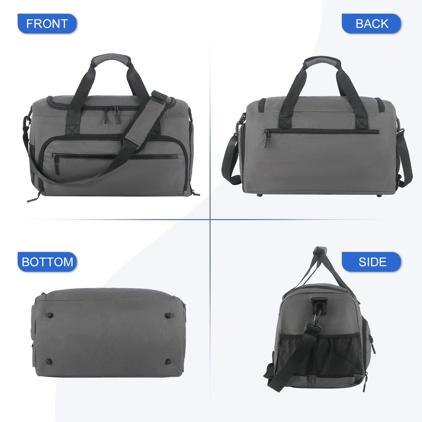 Gym Bag for Men Women, Sports Duffle Bag with Wet Pocket & Shoes Compartment, Water Resistant Overnight Weekender Bag Duffel Bag - Grey