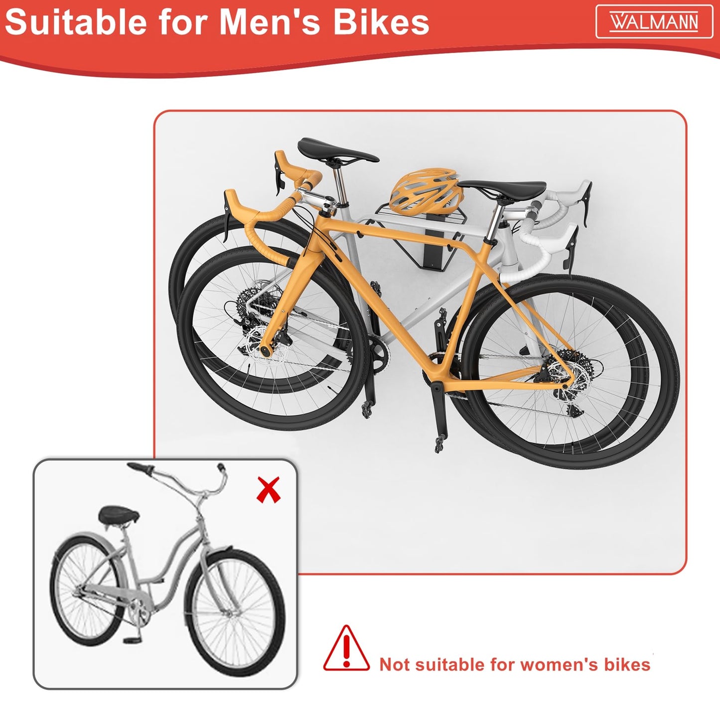 WALMANN Wall Mounted Horizontal Bike Rack, Foldable Space Saving Bicycle Storage Solution for 2 Bikes, Indoor Bike Storage for Garage