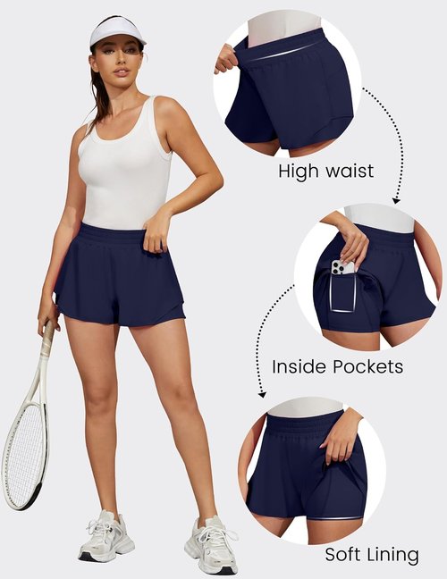 FireSwan Women's 2-in-1 Running Shorts - High Waisted, Quick Dry, Flowy Design with Pockets