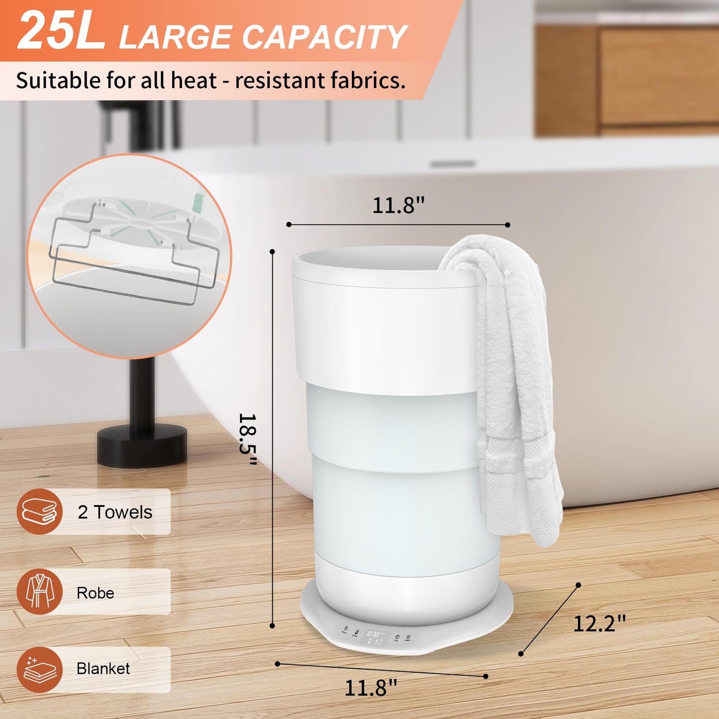 ladate 25L Foldable Towel Warmer Bucket, 212℉ Fast Heated Towel Warmers for Bathroom, Offers Custom Fragrance & Ambient Light for Home Spa, Auto Shut-Off, 3 Timers, Fits 2 Towels, Blanket, Bathrobe
