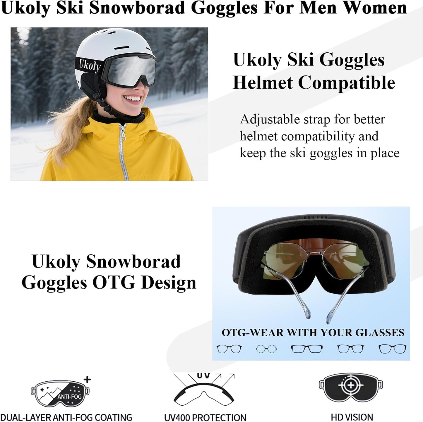 Ukoly Ski & Snowboard Goggles - HD Lens, Anti-Fog Coating, UV400 Protection | Unisex Design
