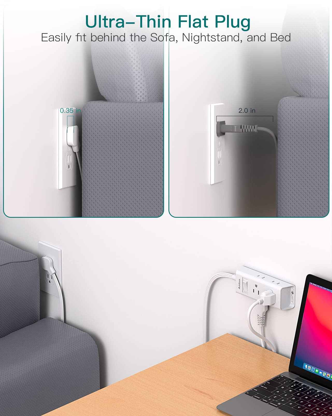 Flat Plug Power Strip, Addtam Ultra Flat Extension Cord with 6 Outlets Extender, No Surge Protector for Cruise Ship, Travel, Dorm, Home Office,2 Pack