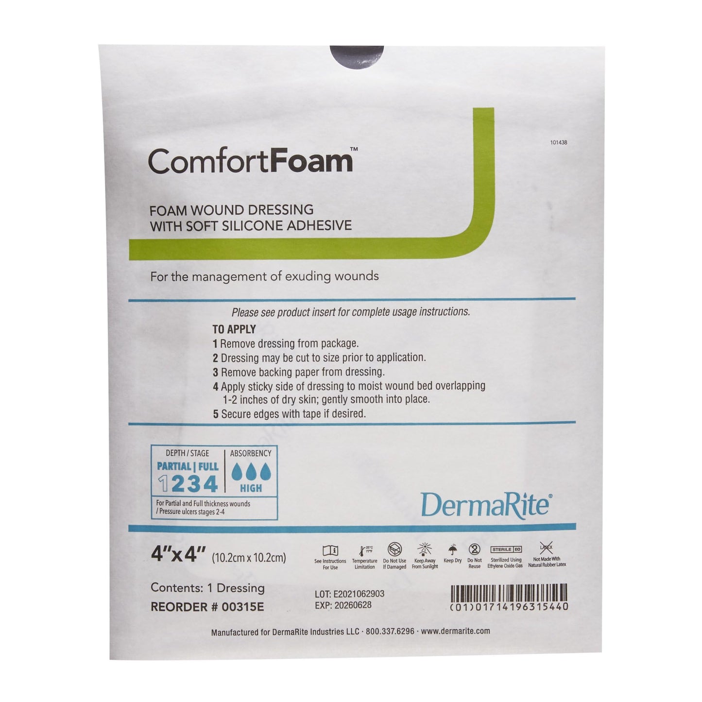 ComfortFoam Foam Dressing 4 x 4" Square No Border Film Backing 00315E 10 per Box
