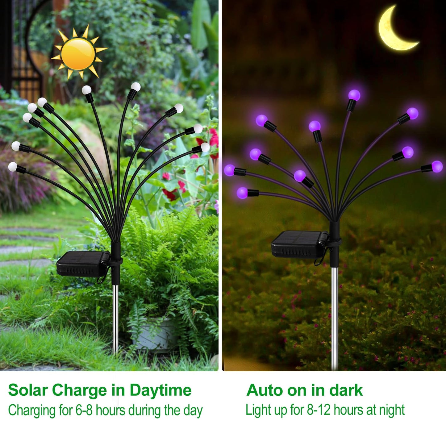 Solar Garden Lights Outdoor, 2 Pack 20 LED Solar Purple Firefly Lights Waterproof, Starburst Wind Swaying Light for Outside Yard Patio Planter Flower Bed Walkway Halloween Christmas Decoration