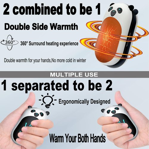 Hand Warmers Rechargeable 2 Pack,6000mAh Cute Panda Shaped Electric Hand Warmer,20Hrs Long Heating Reusable Hand Warmer,Portable Pocket USB Heater for Christmas,Outdoor,Hunting(Black/White)