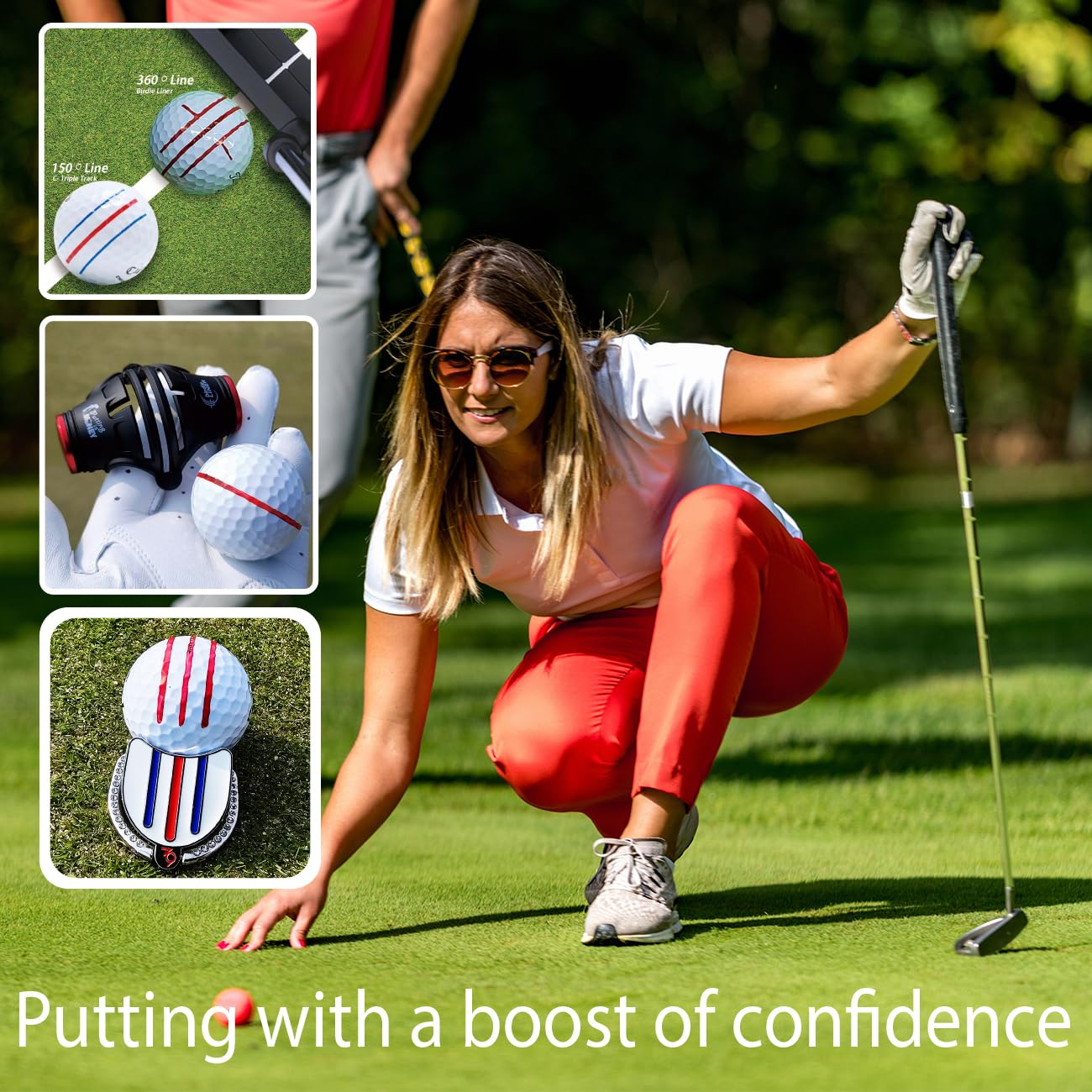 BIRDIE79, Golf Ball Line Marker Tool Kit Set. 360 Degree 3-Line Plus Vertical Line Putting Alignment & Triple Track Standing Ball Marker with Adjustable Tilt Angle, Confidence Liner Accessories.