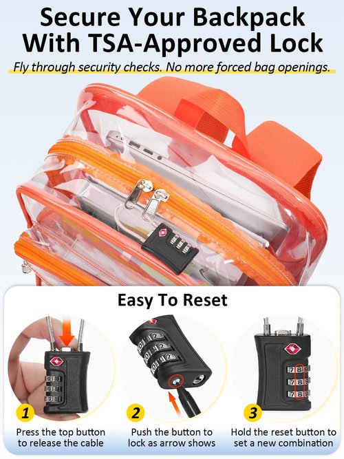 QOECI Clear Backpack Heavy Duty With A TSA Lock, 18 Inch Large Clear Back pack, Transparent See Through Bookbag for College, Work, Travel, Sport- Orange