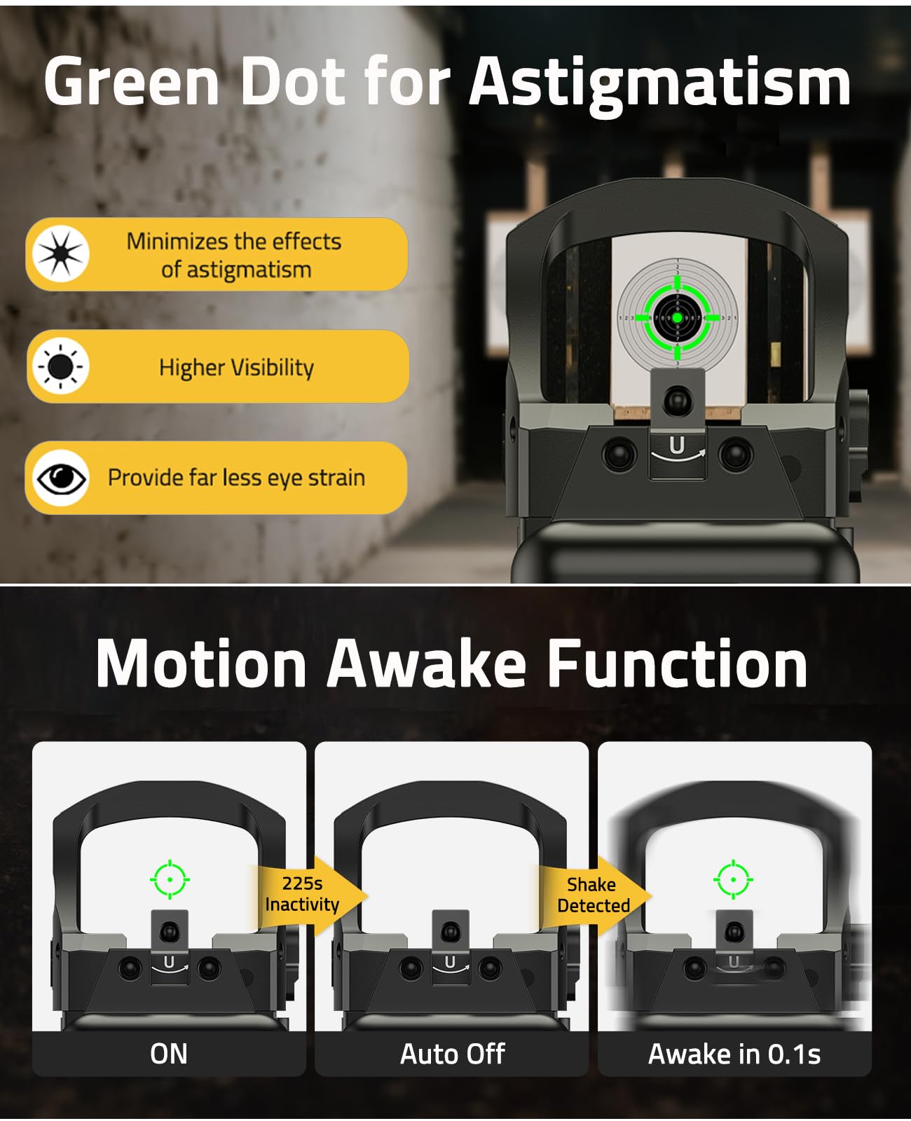 CVLIFE Solar Auto-Brightness Green Dot Sight for RMS RMSc, 2 MOA Dot & 40 MOA Circle Motion Awake Reflex Sight Optics for Compact Pistol, 3000G Shockproof with Adapter for RMR/MOS/Picatinny