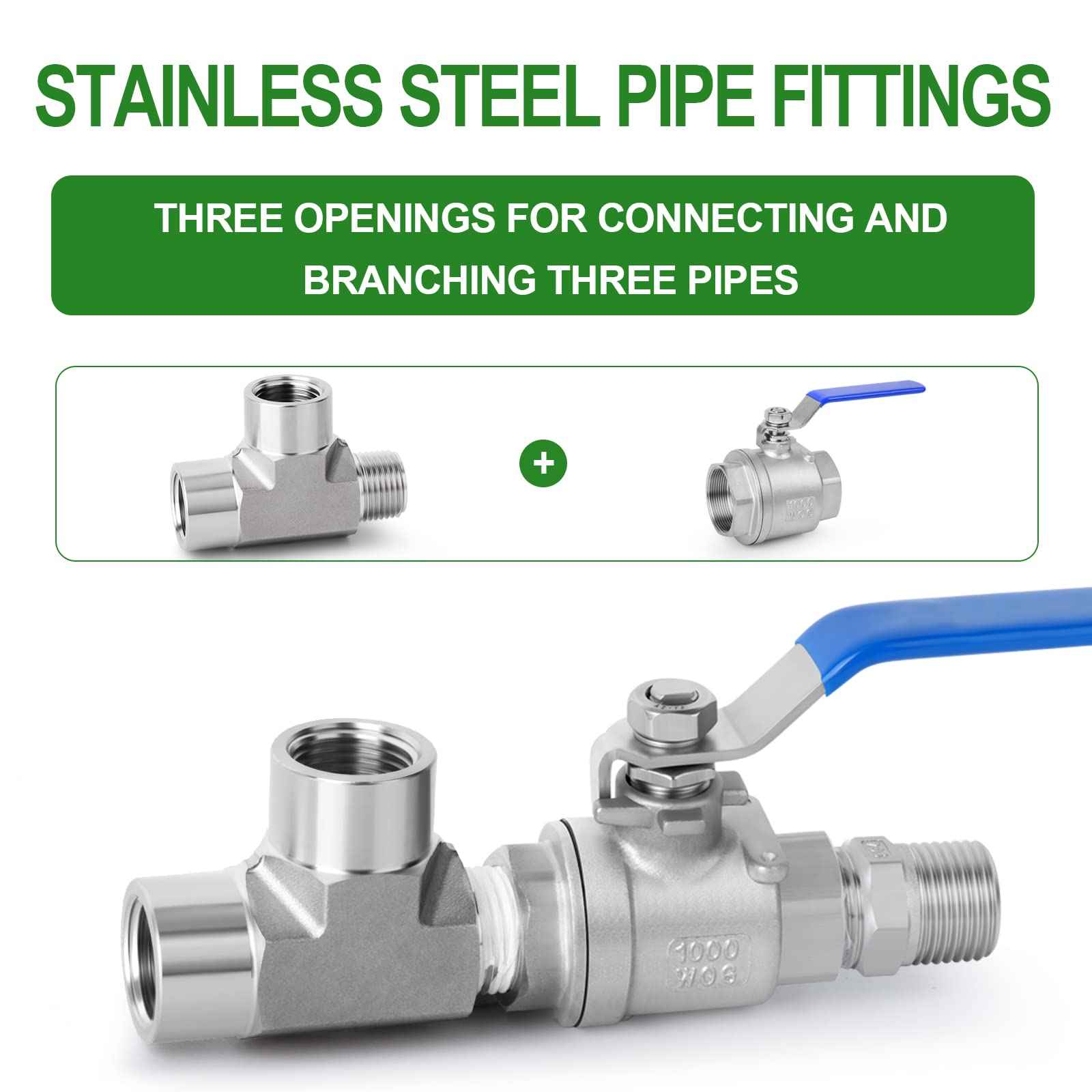 TAISHER 1PCS Forging of 304 Stainless Steel Tee Pipe Fittings, 1/2" NPT Female x 1/2" NPT Female x 1/2" NPT Male Pipe Fittings, Male Run Tee