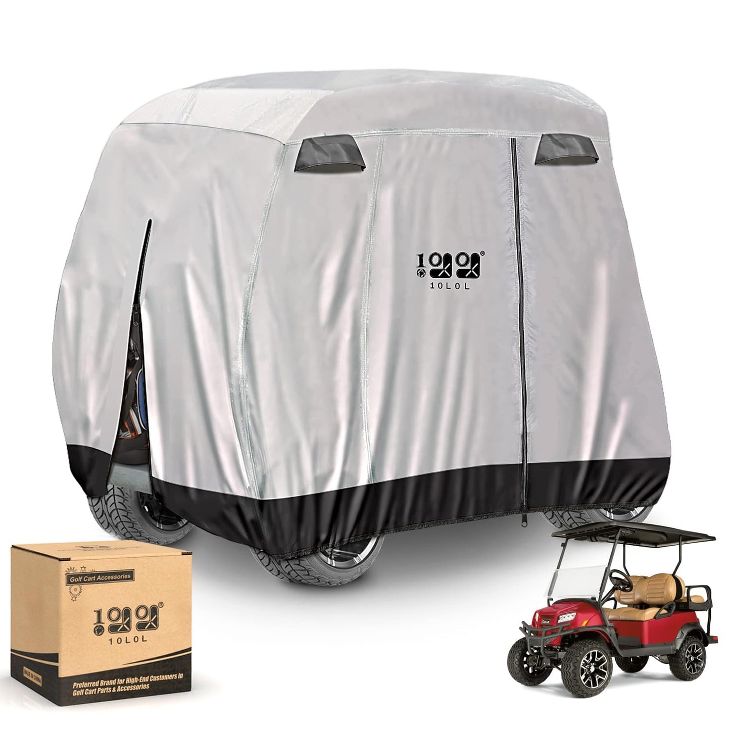10L0L Golf Cart Covers Universal Fits for Yamaha EZGO Club Car Lifted 2/4 Passengers Golf Cart, 600D Waterproof Windproof UV-Proof Outdoor Polyester Full Cover with 3-Zipper Doors (Gray)