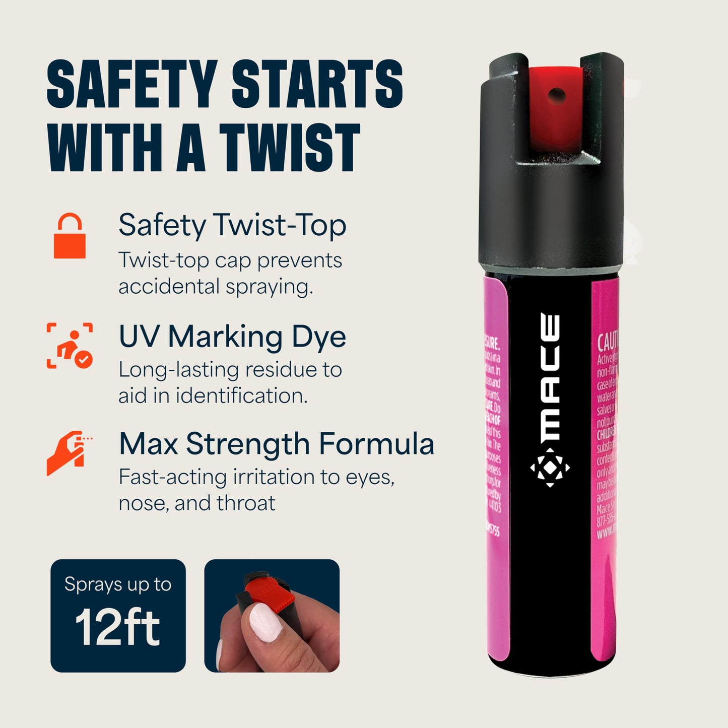 Mace Pepper Spray - 2-Pack Twist Lock Model, 0.63 oz, 12 Feet Range, Max Police Strength, Long Lasting UV Dye, Leakproof Design, Self Defense Pepper Spray for Women & Men - Neon Pink