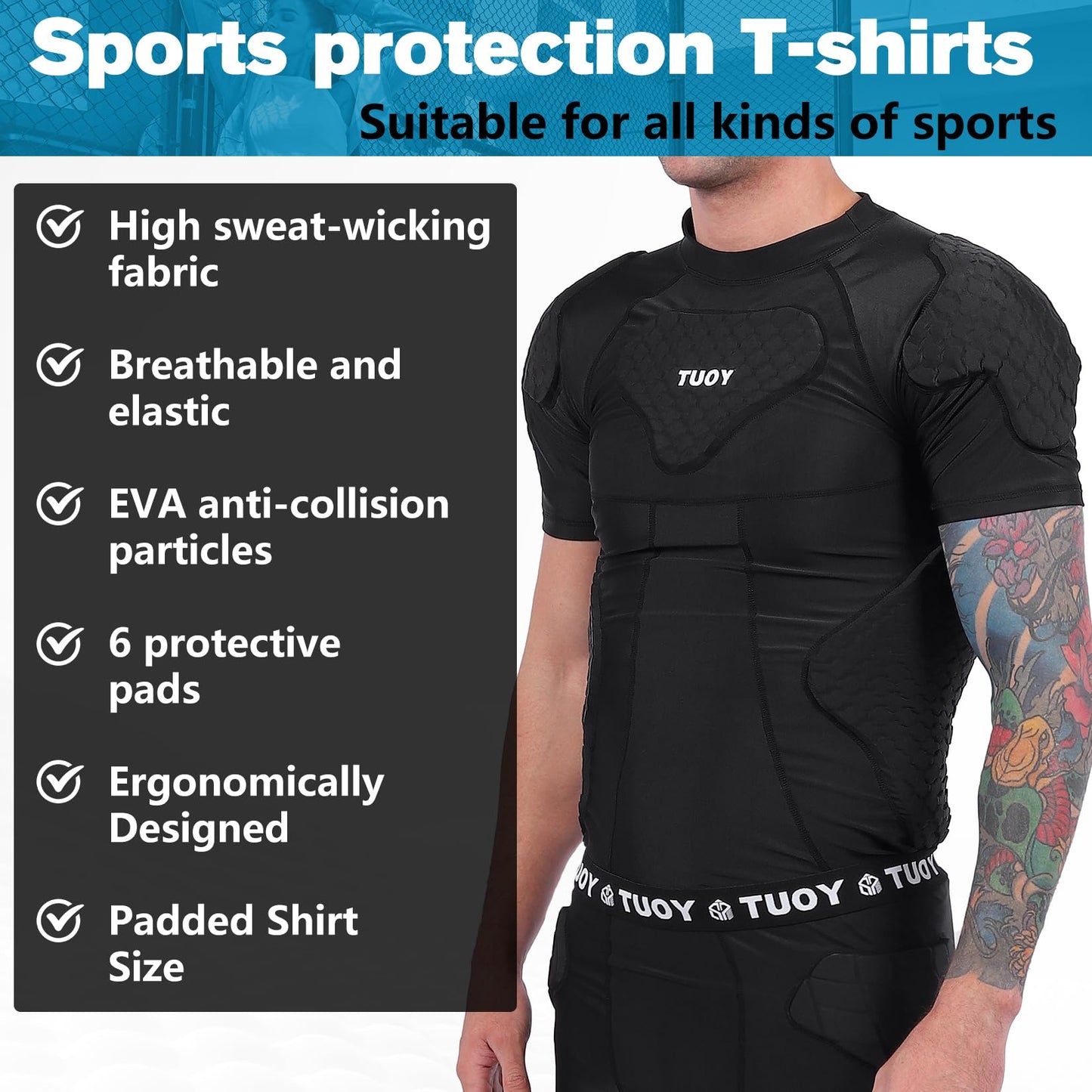 TIAXU TIAXU Men's Padded Shirt Football Chest Rib Protector Heart Sternum Guard Compression Shirt with Shoulder Back Rib Pads for Adult Football Basketball Baseball Softball Rugby