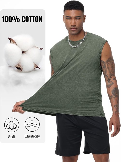 Flygo Men's Sleeveless Workout Tank Tops - Cotton Muscle Tees for Gym | Acid Wash Design