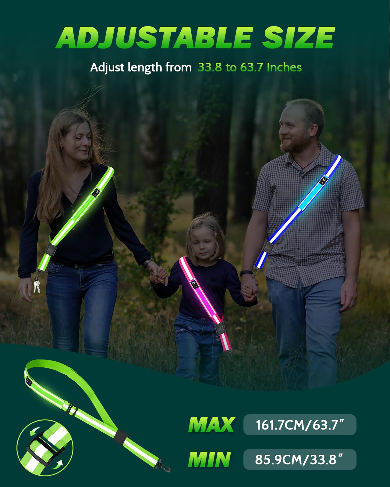 Fitense LED Reflective Belt Sash - 5 Lights Colors & 3 Light Modes High Visibility Night Safety Belt, Rechargeable Light Up Running Gear Adjustable Vest Straps for Runners Walkers Men Women