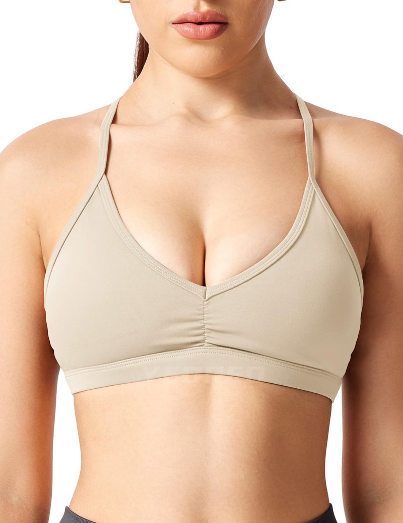 YEOREO Workout Sports Bras for Women Padded Strappy Open Back Gym Bra Light Impact Criss Cross Yoga Crop Top Light Khaki-M