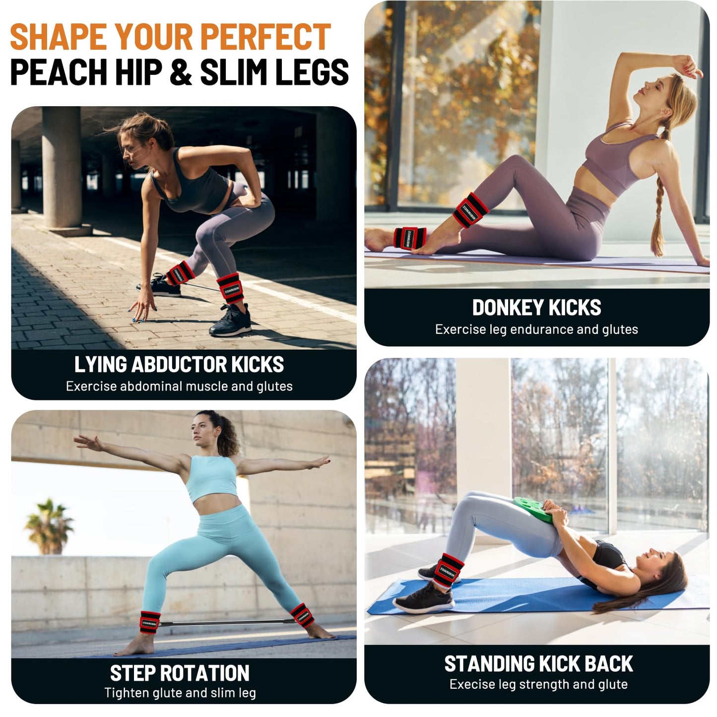 ZONRIBIN Ankle Resistance Bands with Cuffs - Glute Workouts: Kickbacks, Leg Extensions, Hip Abductors (Red, Ankle Strap)