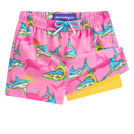 maamgic Boys Swim Trunks with Compression Liner 4-Way Stretch Quick Dry Bathing Suit Toddler Beach Shorts Peach Pink Shark 5-6 Years