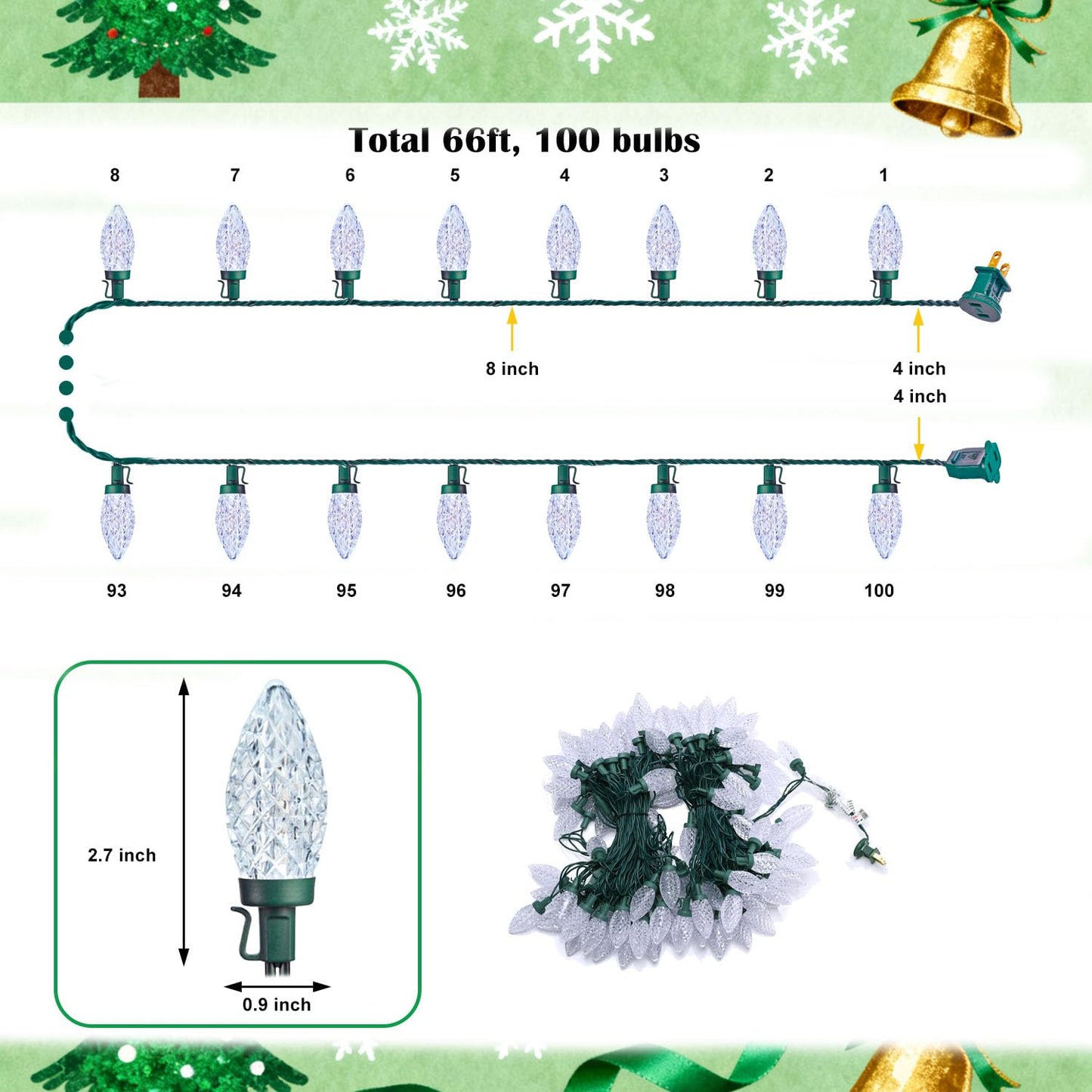 NIOSTA C9 LED Outdoor Christmas Lights,C9 String Lights with Quick Clips,for Xmas House Roof Gutter,Plug in & Connectable,66FT 100 Light,Cold White Faceted