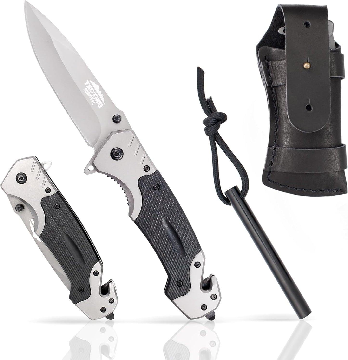 Tactiko 4-in-1 Folding Pocket Knife - Emergency Seatbelt Cutter, Glass Breaker & Fire Starter | EDC Tool for Camping & Hiking (Black)