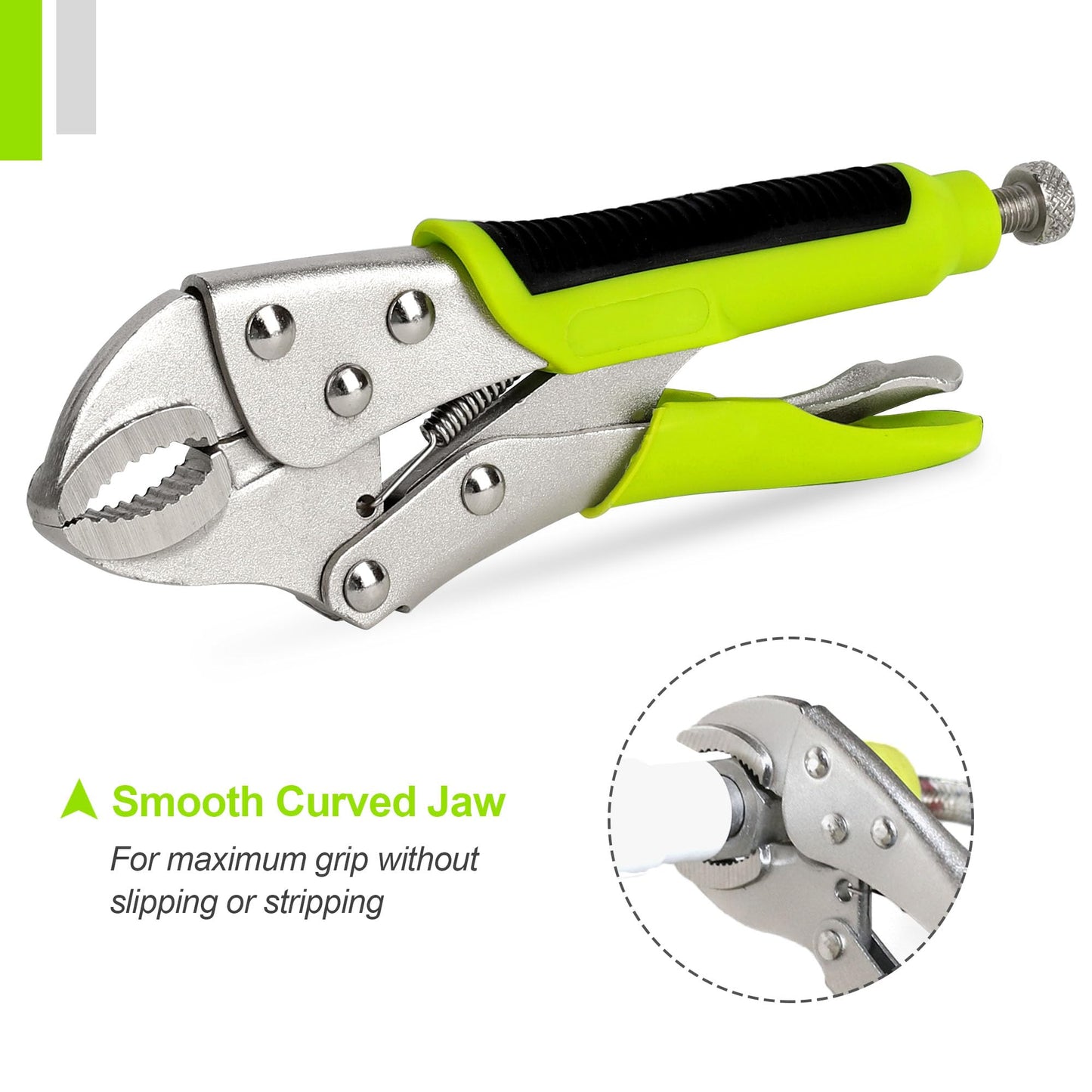 FASTPRO 4-Piece Locking Pliers Set with Heavy Duty Grip, 5", 7" and 10" Curved Jaw, 6-1/2" Long Nose Locking Pliers Included, Vise Grip Wrench Set, Green