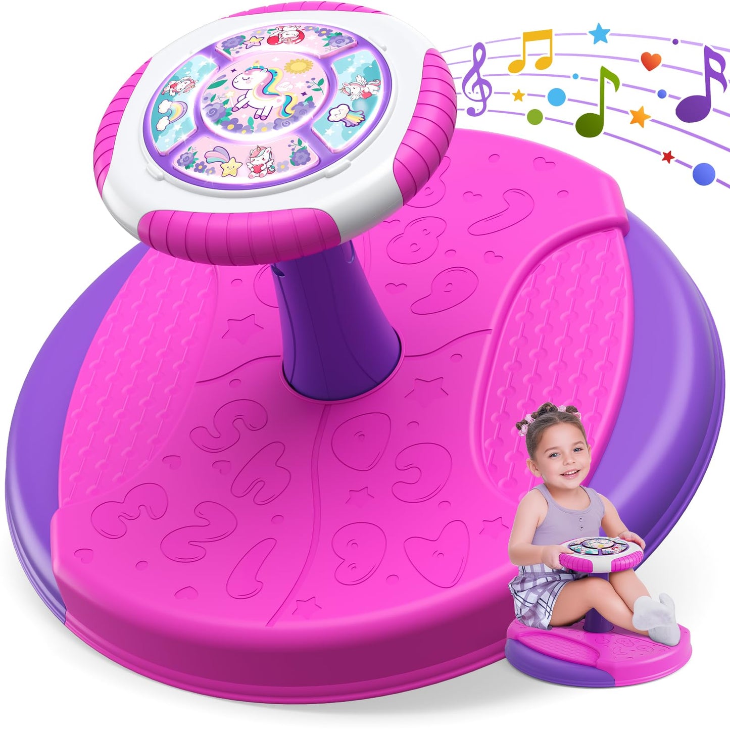 HYES Unicorn Sit and Spin Toys for Toddlers 1-3 Girls, 360° Toddler Spinning Seat with LED Lights and Music, Sensory Toys Birthday for Kids 3-5