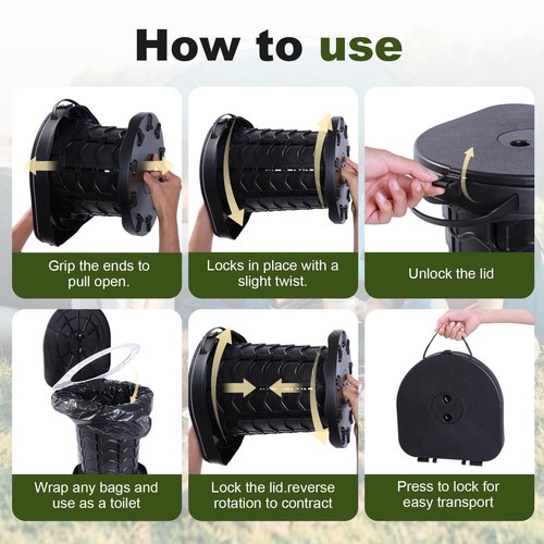 Collapsible Portable Toilet with Odor-Lock Lid - 1-Minute Setup Adjustable Height (2.95in-13.58in) 400lbs Capacity, Backpack-Friendly 3-in-1 Camp Potty for Camping, Hiking, Car, RV & Emergency Use