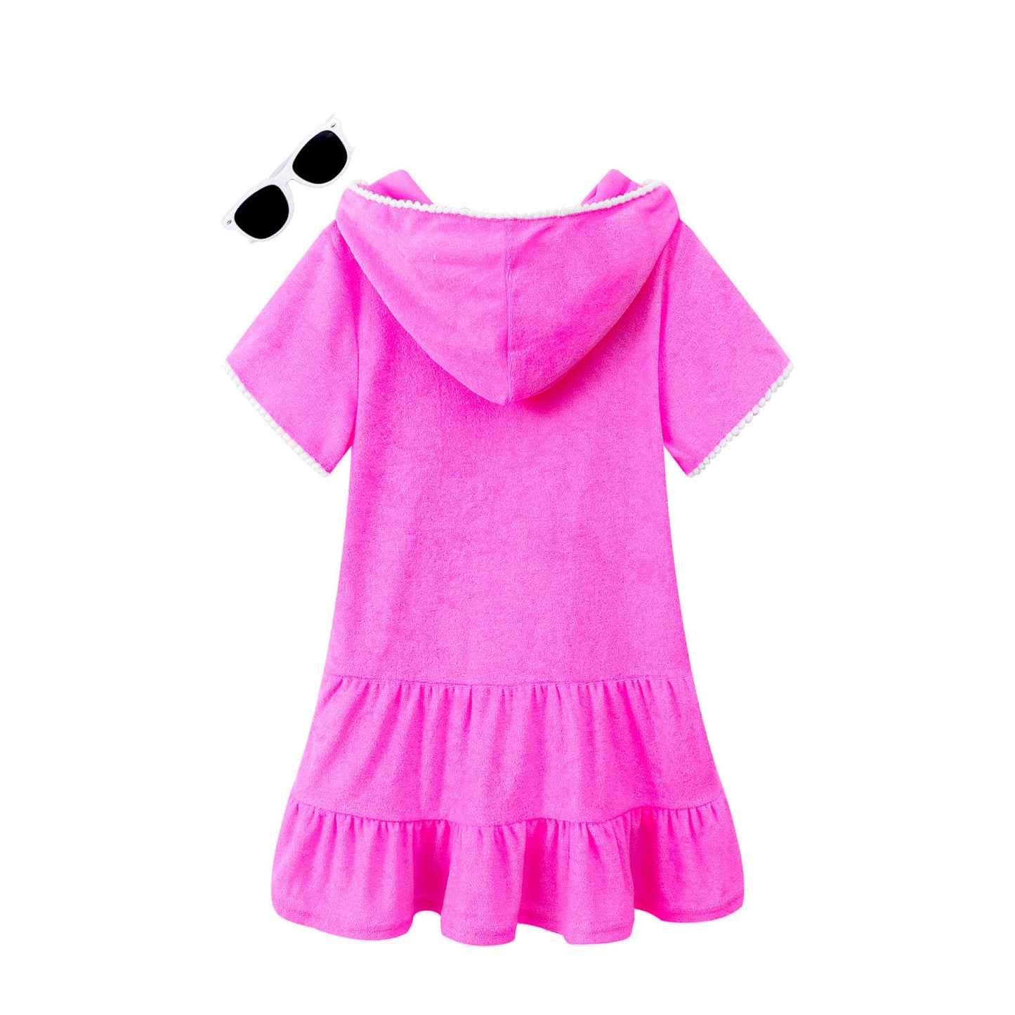 LUCKYGAL Big Girls Swim Coverup Kids Beach Cover up Terry Beach Pool with Sunglasses, Size 12 13 Rose Red