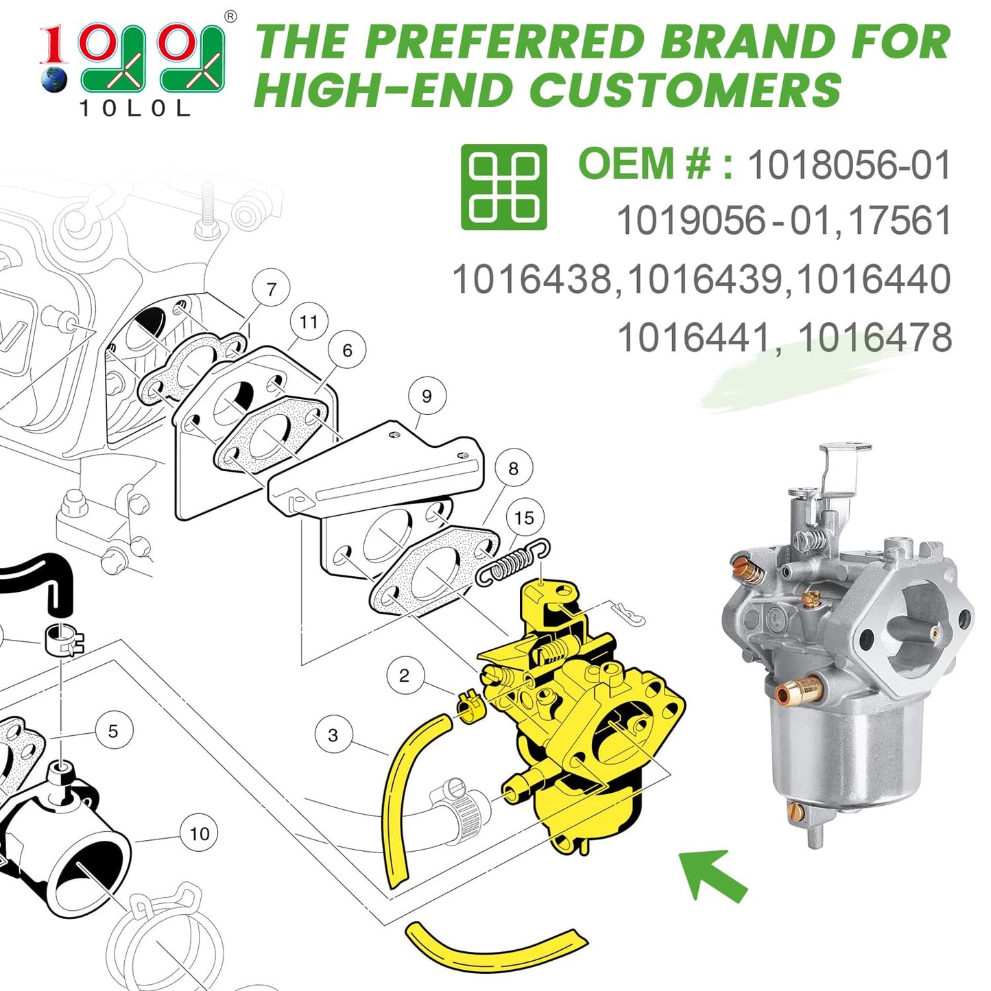 10L0L Golf Cart Carburetor Kit Compatible with Club Car DS, Precedent, Turf, Carryall & Kawasaki FE290 Engine, OEM# 101805601 101905601 17561 1016438 1016439 1016440 1016441 1016478