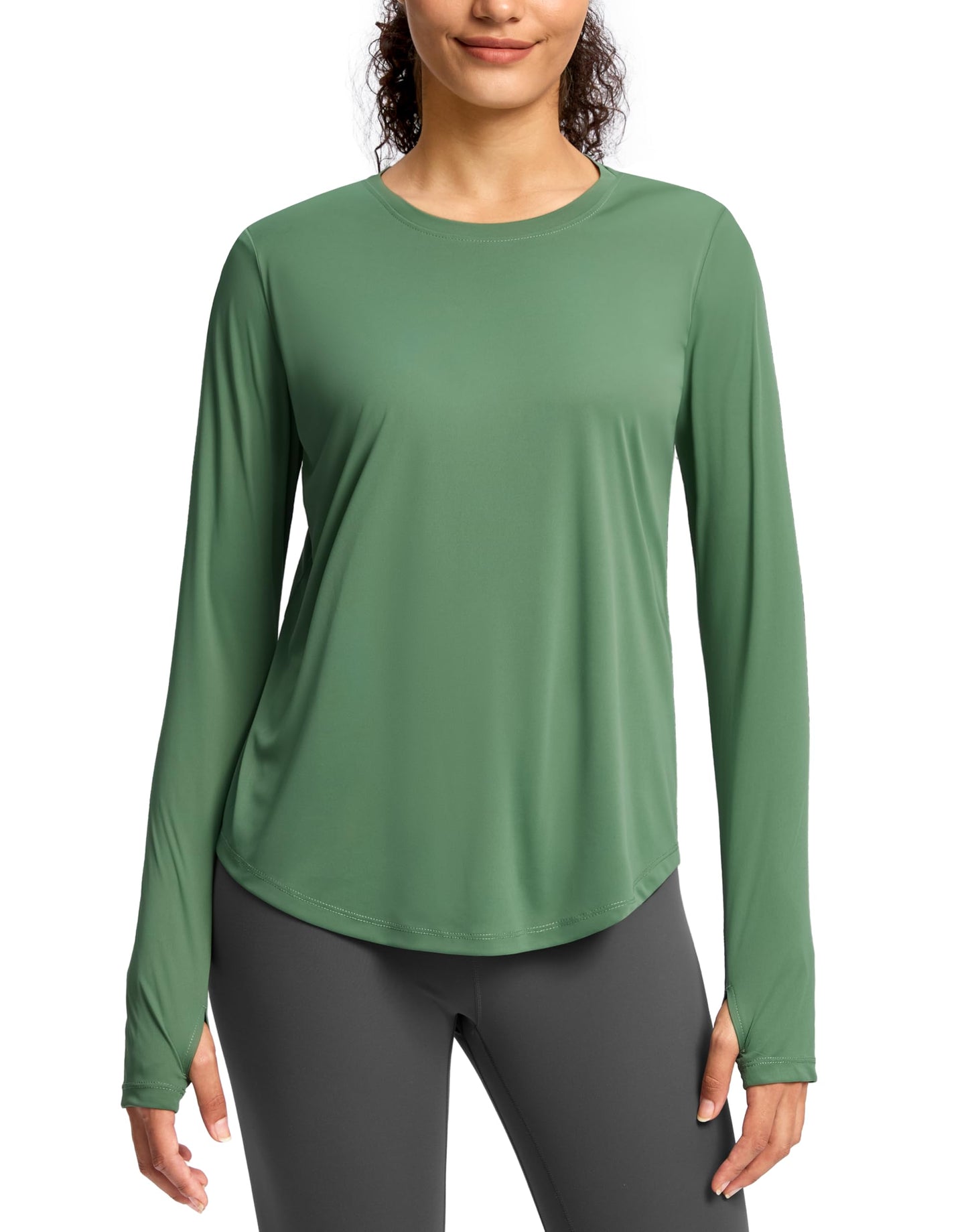 Soothfeel Women's Long Sleeve Running Shirts Workout Tops Athletic Gym Hiking T-Shirts Moisture Wicking Quick Dry Lightweight Stretchy Green M
