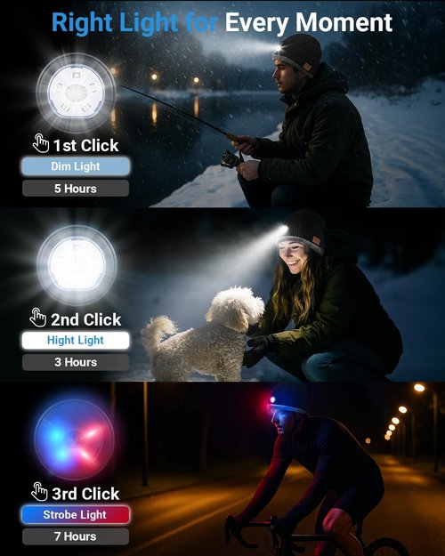 Bluetooth Beanie with a Light, Unisex USB Rechargeable Winter Hat with 4 LED Headlamp & Wireless Headphones, Unique Christmas Stocking Stuffers & Birthday Gifts for Men, Husband, Teens Dark Black
