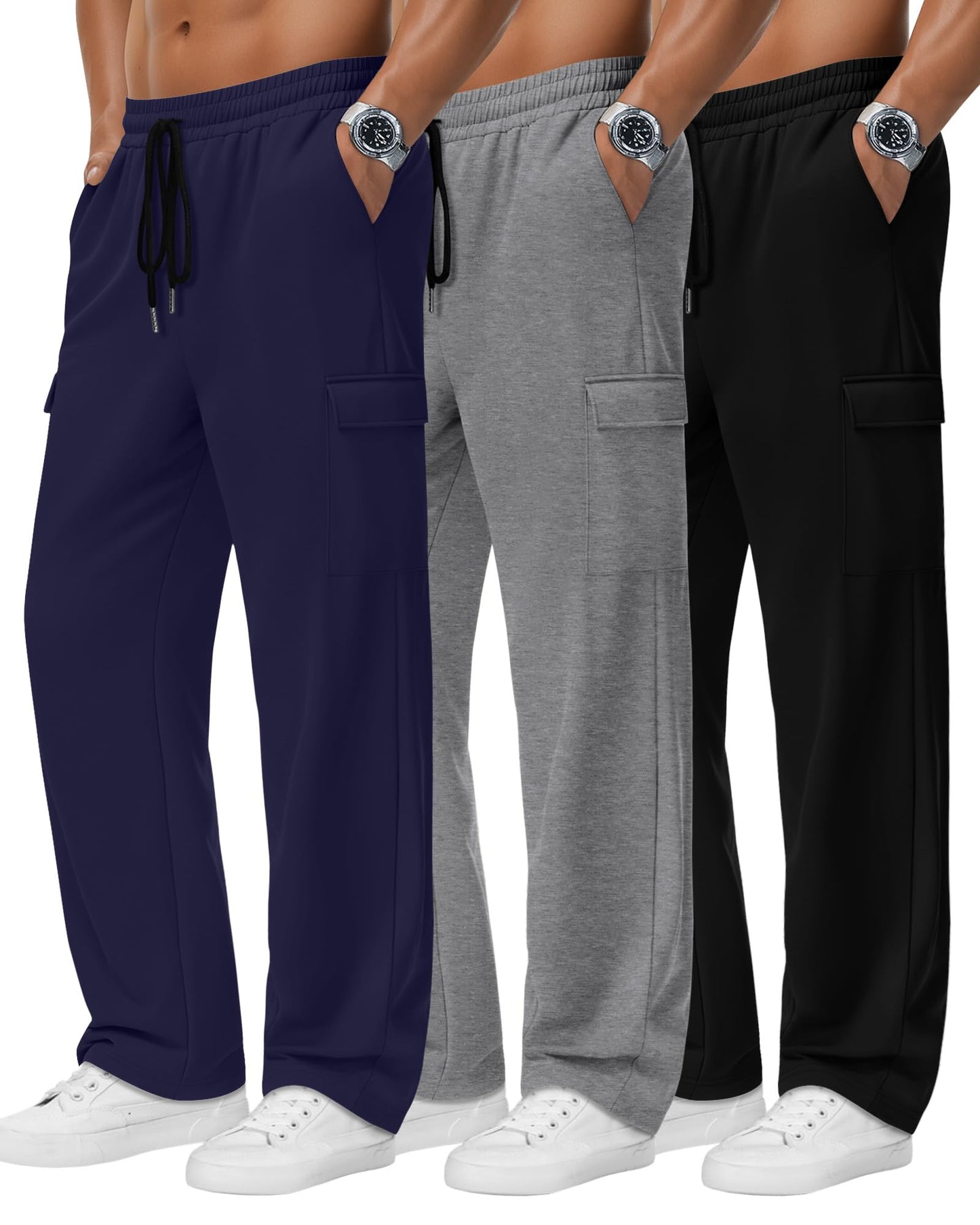 Neer 3 Pack Men's Cargo Sweatpants Baggy Open Bottom Joggers Straight Wide Leg Drawstring Lightweight Pants with Pockets(Black, Navy Blue, Light Mixed Gray,X-Large)