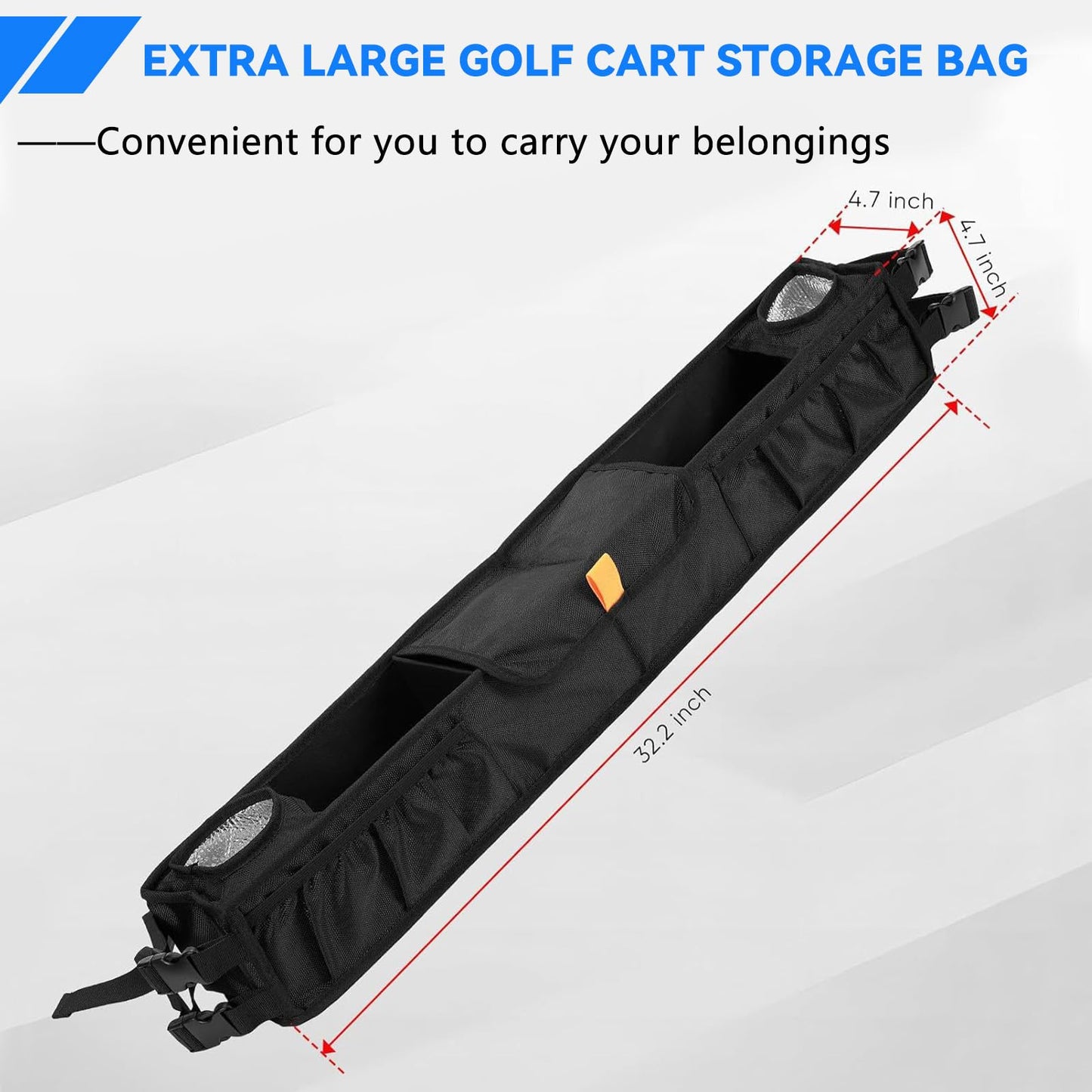 Daspom Golf Cart Storage Basket Inner Front, No-Drilling Golf Cart Organizer Bag with Insulated Cup Holders Compatible with EZGO, Club Car, Kandi Yamaha ICON