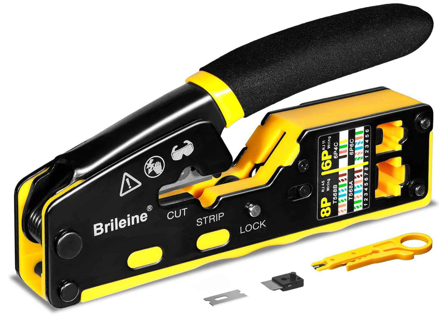 Brileine RJ45 Crimp Tool Pass Through Crimper for RJ45 Connectors / Cat6 Cat6a Cat5 Cat5e Connector Ethernet Crimper Tool with Mini Cable Stripper