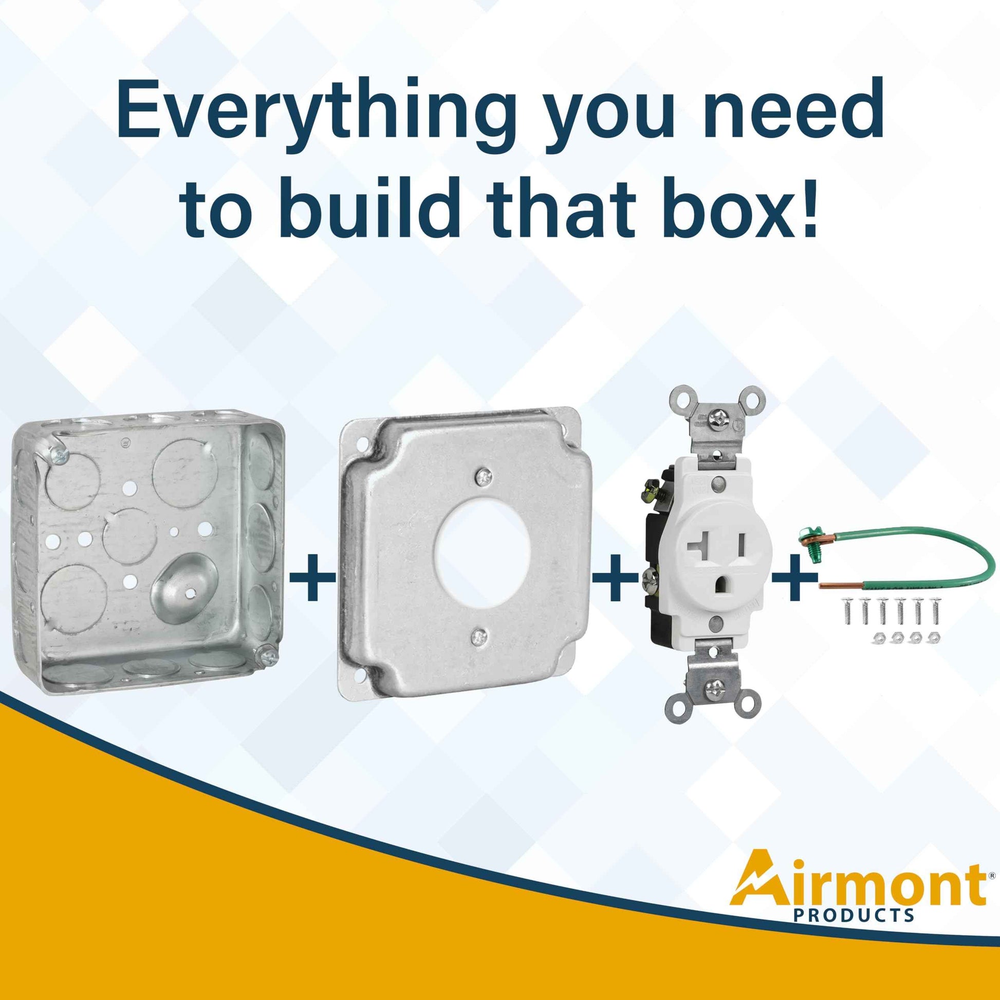 Outlet Box Kit, Includes 4x4'' Drawn Metal Electrical Box, 2 Tamper Resistant 20 Amp Duplex Receptacle Outlets, Duplex Receptacle 4x4'' Cover, Sixteen Knockouts (Single Receptacle Kit)