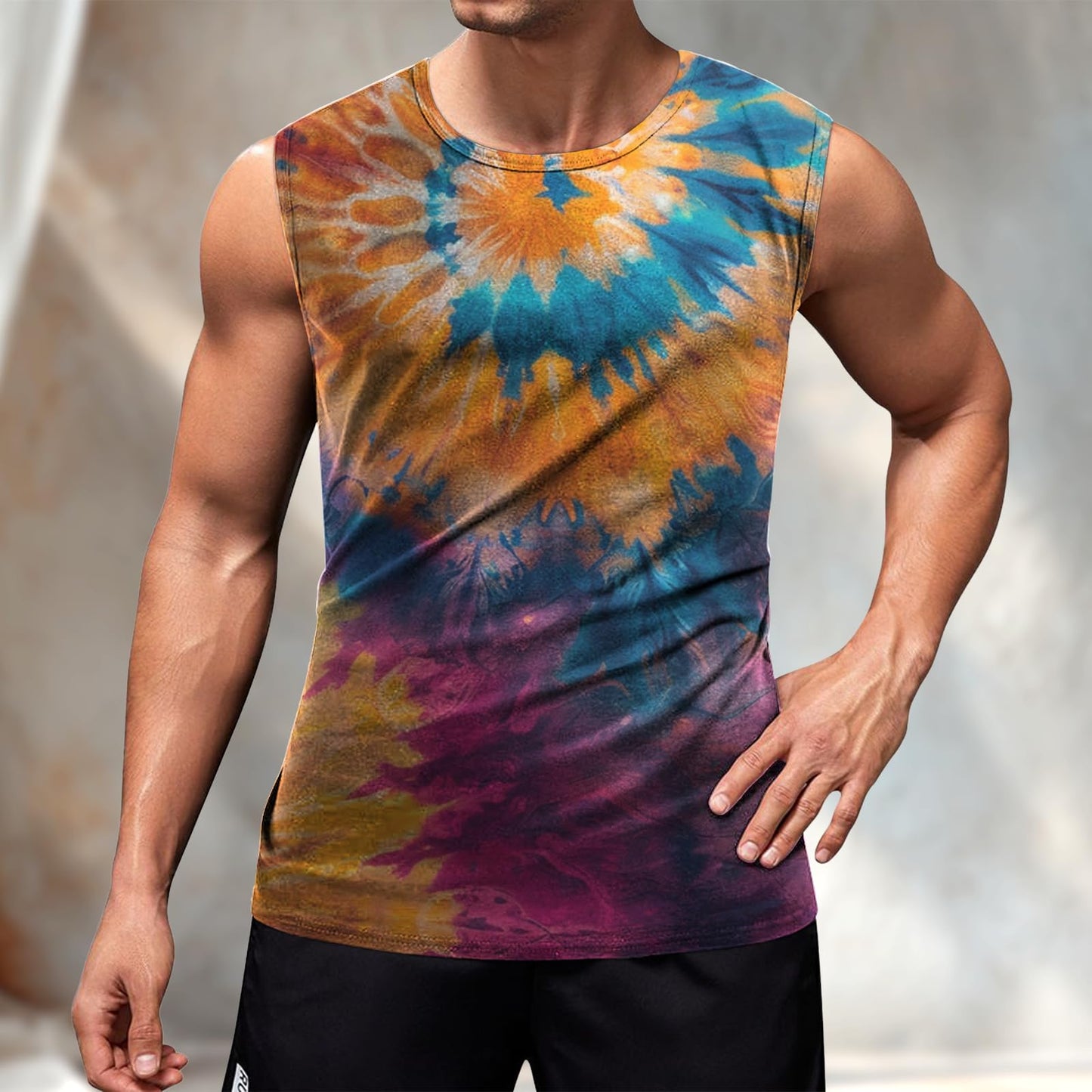 Tank Top Under Shirt for Men Moisture Wicking Skin-Friendly Swim Tank Top Men Plus Size Fashionable Beachwear Summer Sleeveless Retro Crewneck Shirt Tie-Dye,S
