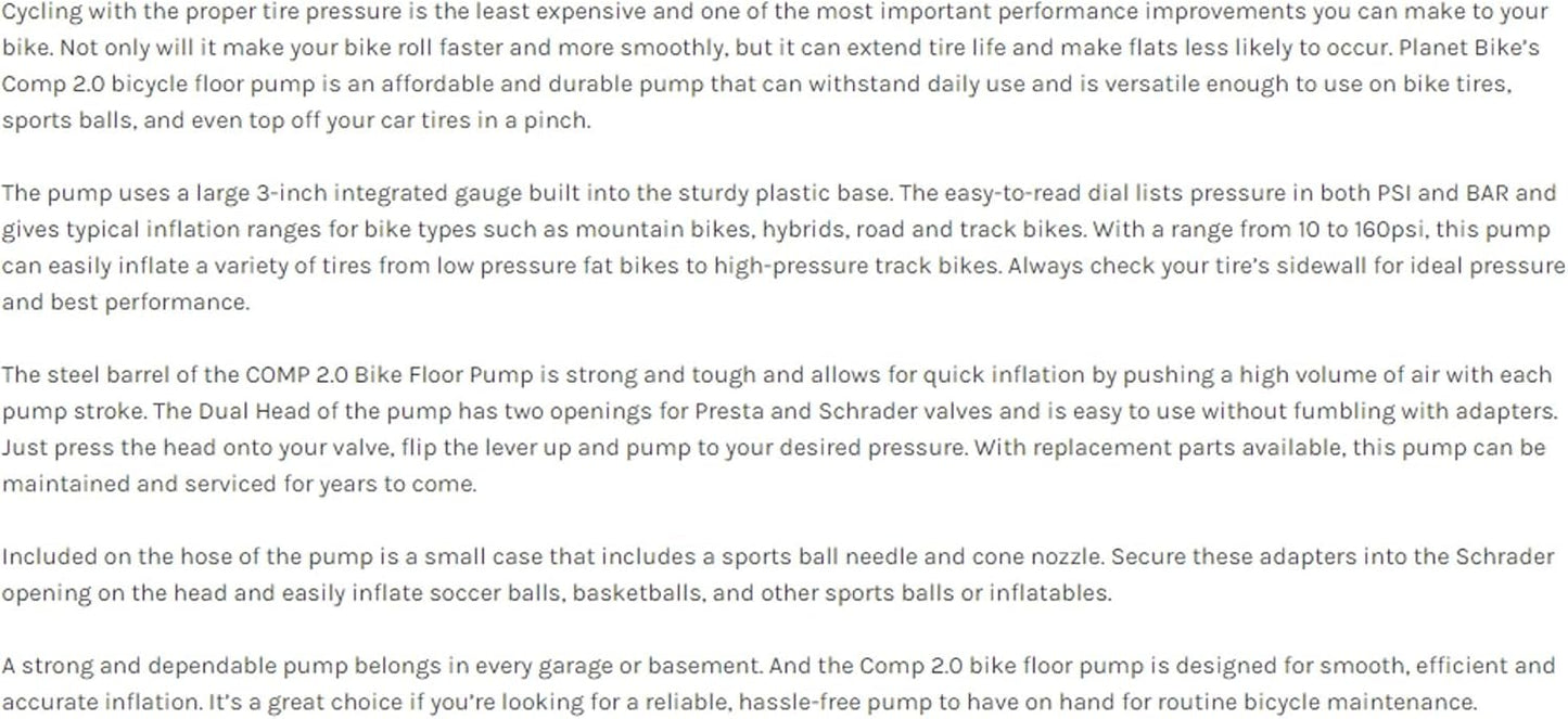 Planet Bike Comp Floor Pump - High-Pressure Performance | Durable White Design