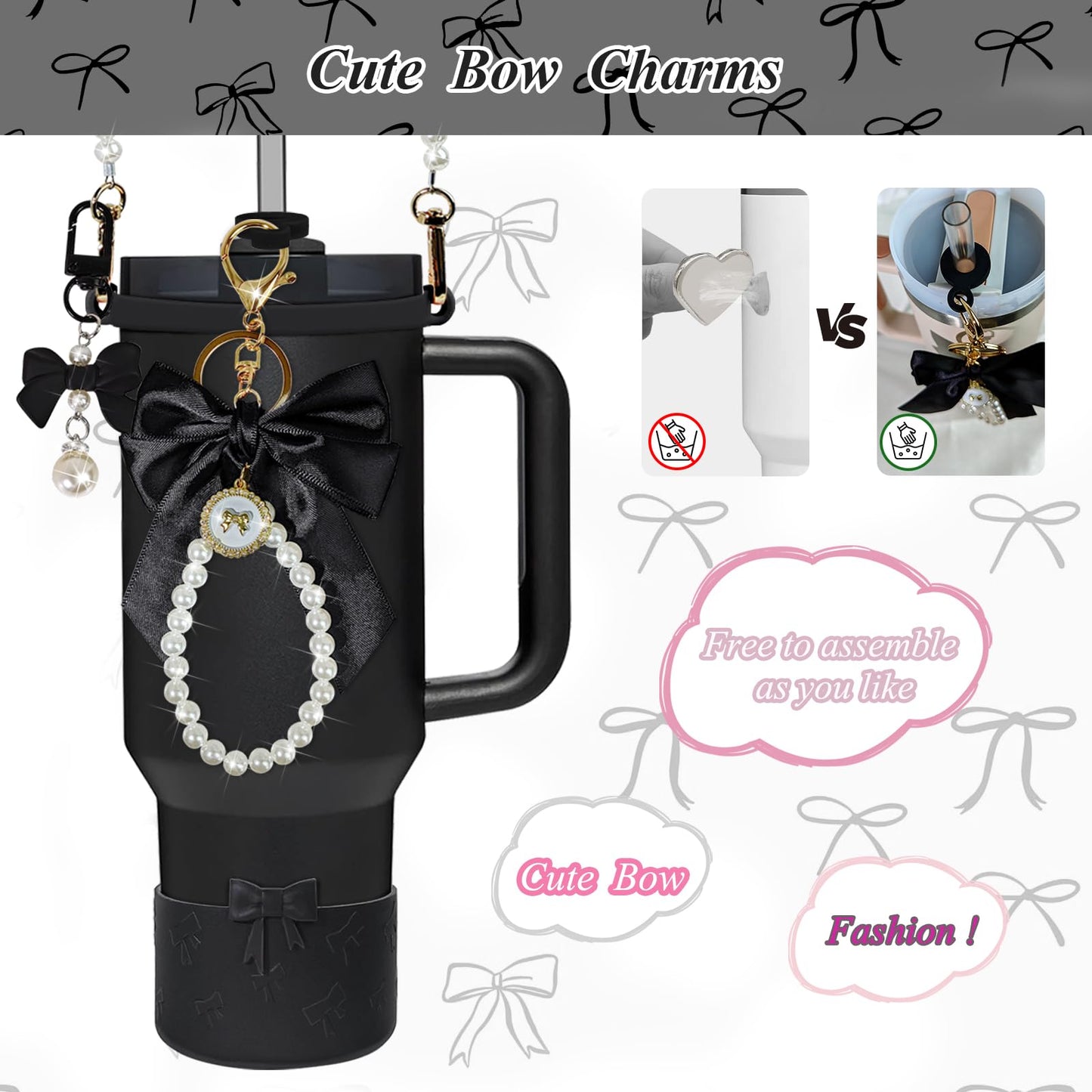 VirgoCCY Black Bow Stanley Cup Accessories Set Including Siliocne Straw Cover, Siliocne Boot, Water Bottle Handle Strap, Charms for Stanley Cup 40oz 30oz Tumbler with Handle, Black