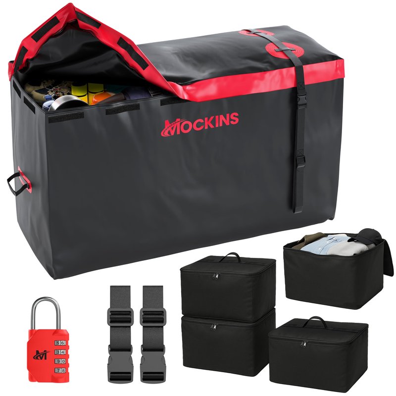 Mockins 15 CuFt Weatherproof Trailer Hitch Cargo Carrier Bag w/ 4 Packing Cubes | 48"x18"x31" Waterproof Cargo Bag for Hitch Carrier & Truck Bed Storage | Vehicle Soft-Shell Carriers w/Straps & Lock