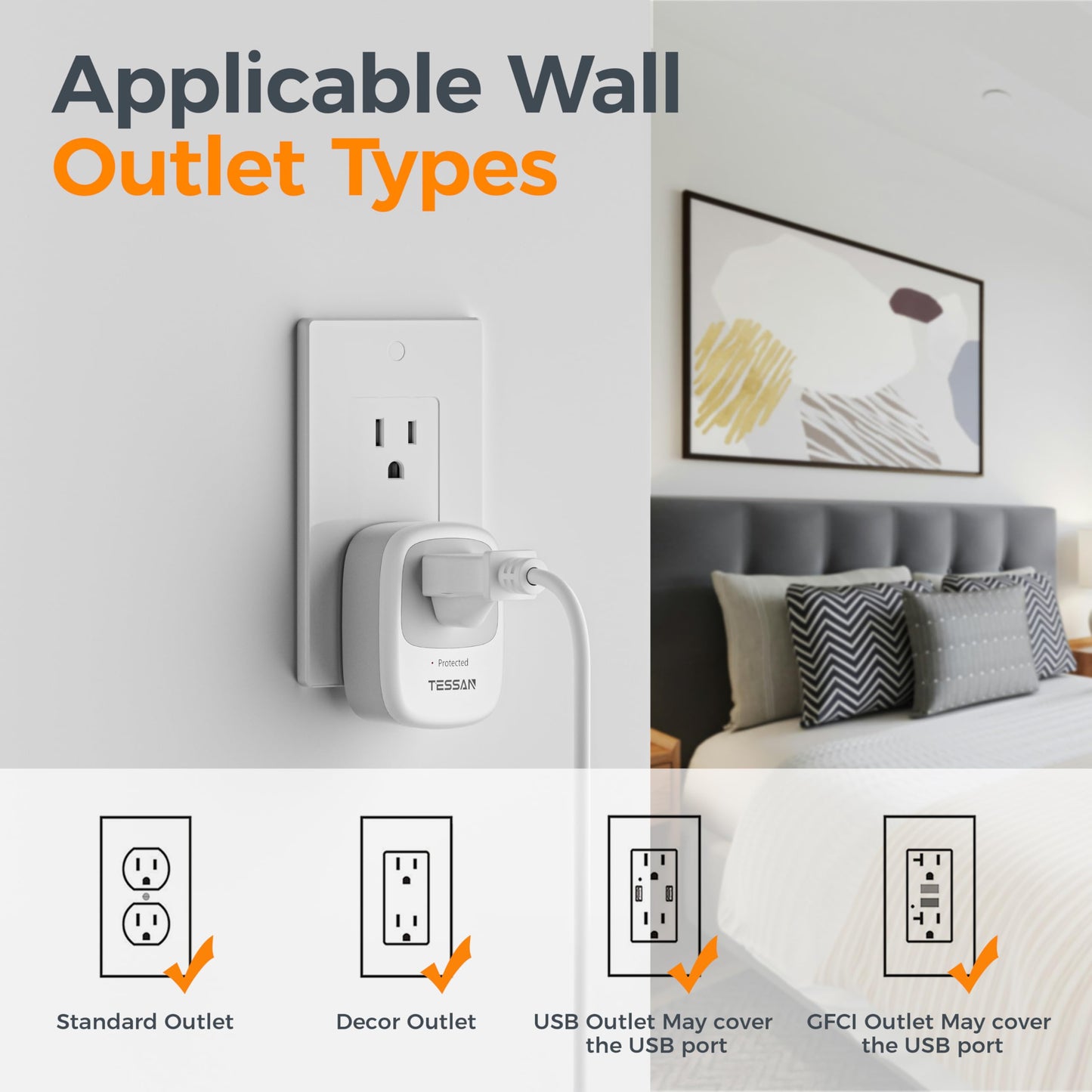 Surge Protector 1050 Joules, TESSAN Single Plug Surge Protector with Protected Light Indicator, 1875W Max Portable Wall Outlet for Appliances, TV, Computer, Refrigerator, Treadmill, Massage Chair