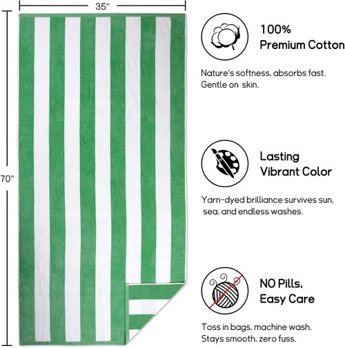 Cabanana Large Oversized Beach Towel - Soft Green Striped Cotton Pool Towel, 35 x 70 Inch