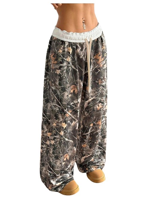 SOLY HUX Women's Camo Pants Wide Leg Baggy Sweatpants Elastic Waist Drawstring Loose Pants Trendy Y2K Drawstring Trousers Green Camo Small