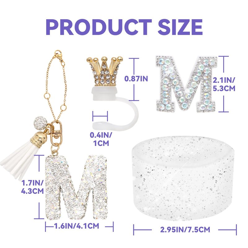 Rabrgab 6Pcs Stanley Cup Accessories Set - Giltter Letter Charm for Cup Handle, Silicone Straw Cover, Diamond Letter Sticker, Sparkly Silicone Boot, Spill Proof Stopper for Tumbler 40Oz 30Oz J