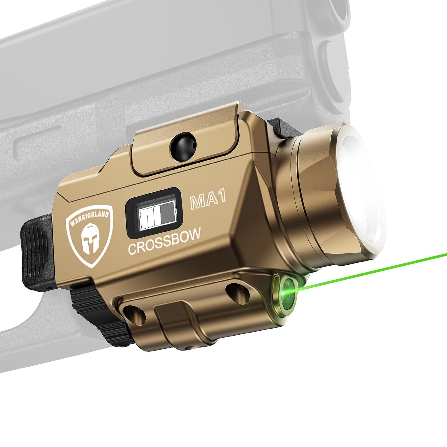 WARRIORLAND Compact MA1 800-Lumen Pistol Light FDE, Fits Glock 17/19 / 19X, P320/ Hellcat Pro/Echelon and Other 100+ Models, Green Laser White LED Combo, Tactical Flashlight with Battery Indicator