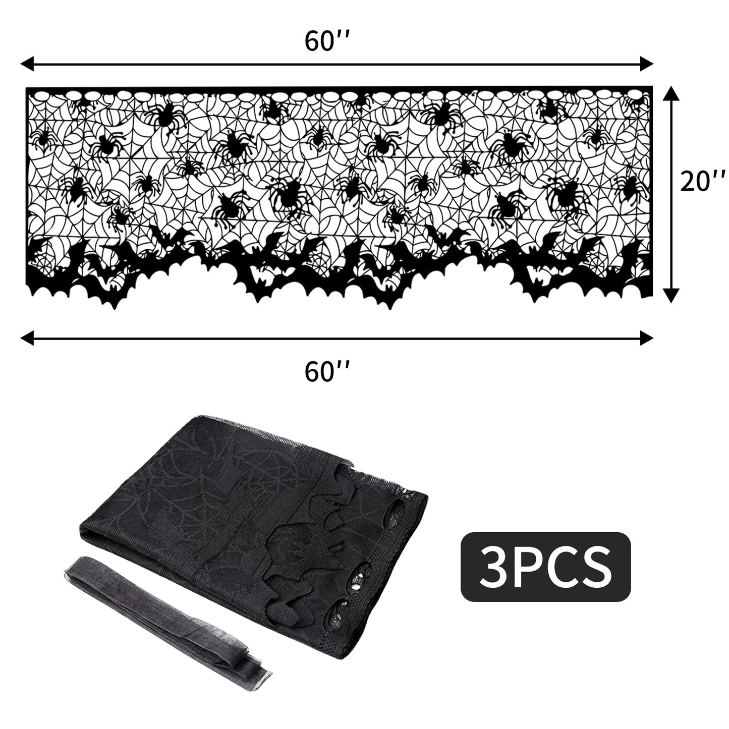 3-Pack Halloween Decorations Indoor, Black Lace Spider Web Lampshade Cover, 20" x 60" – Reusable Polyester Halloween Lamp Shade Topper & Party Decor