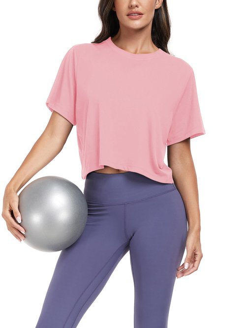 KevaMolly Pink Workout Crop Tops for Women Loose Fit UPF50+ Breathable Yoga T Shirts Running Athletic Cropped Workout Tops S