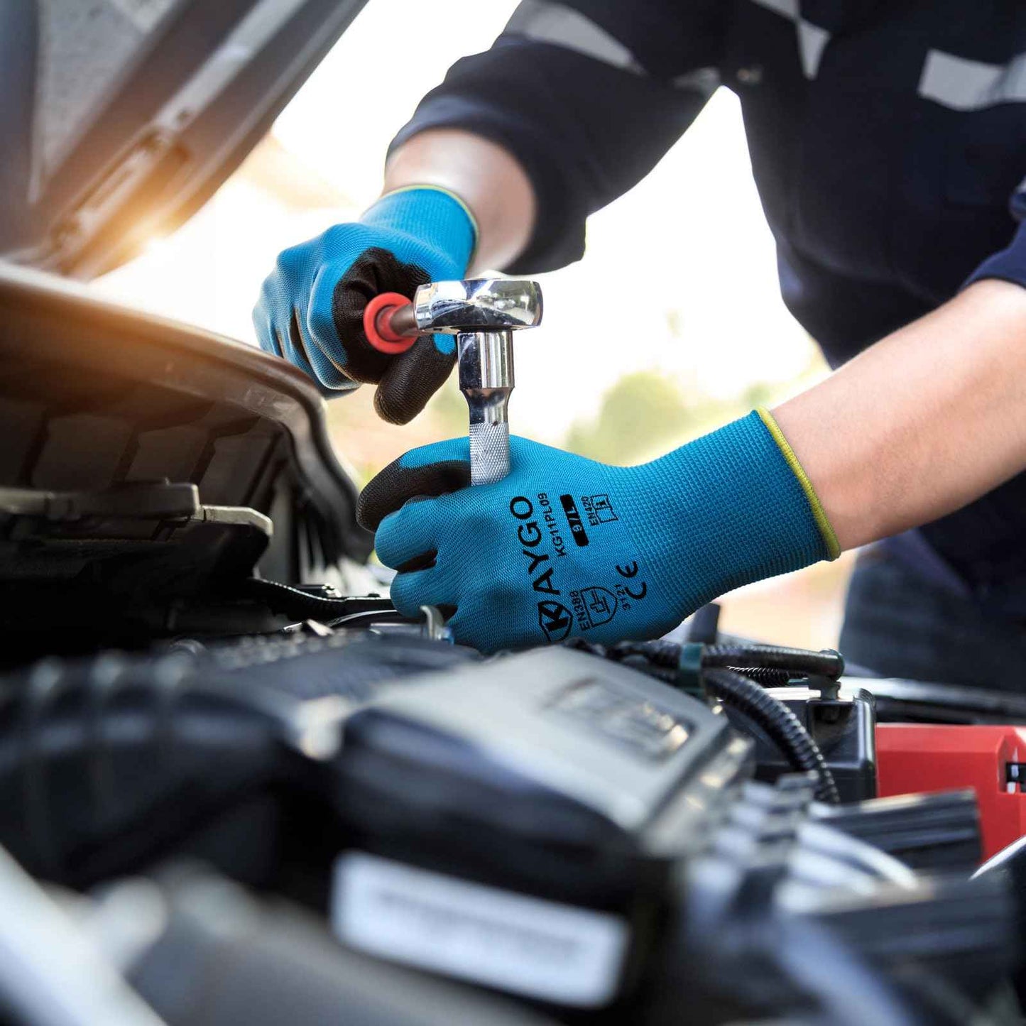 KAYGO Safety Work Gloves PU Coated for Men and Women, KG11P 12 Pairs Seamless Knit Glove with Two Fingers Touchscreen,Ideal for General Duty Work (Blue,M)